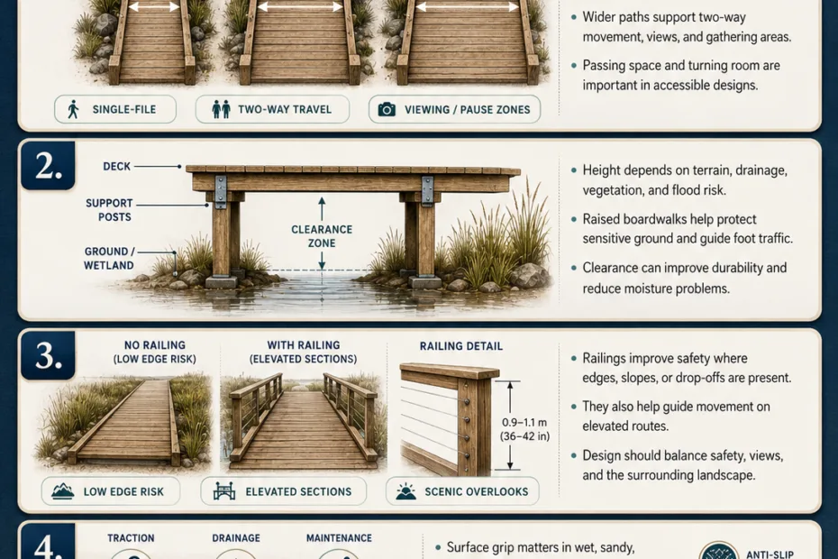 Boardwalk design basics showcase width, height, railings, and surface safety features for handicapped accessibility and durability.