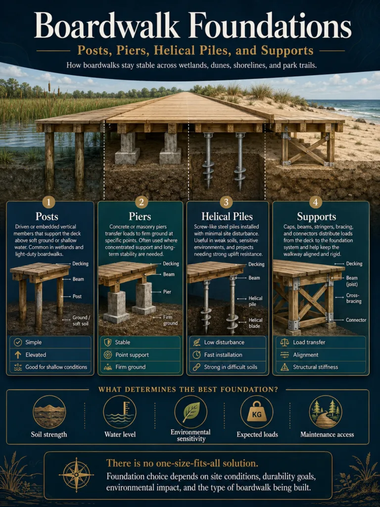 Boardwalk Foundations: Posts, Piers, Helical Piles, and Supports