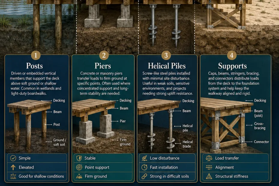 Various types of boardwalk foundations including posts, piers, helical piles, and supports for stable waterfront structures.