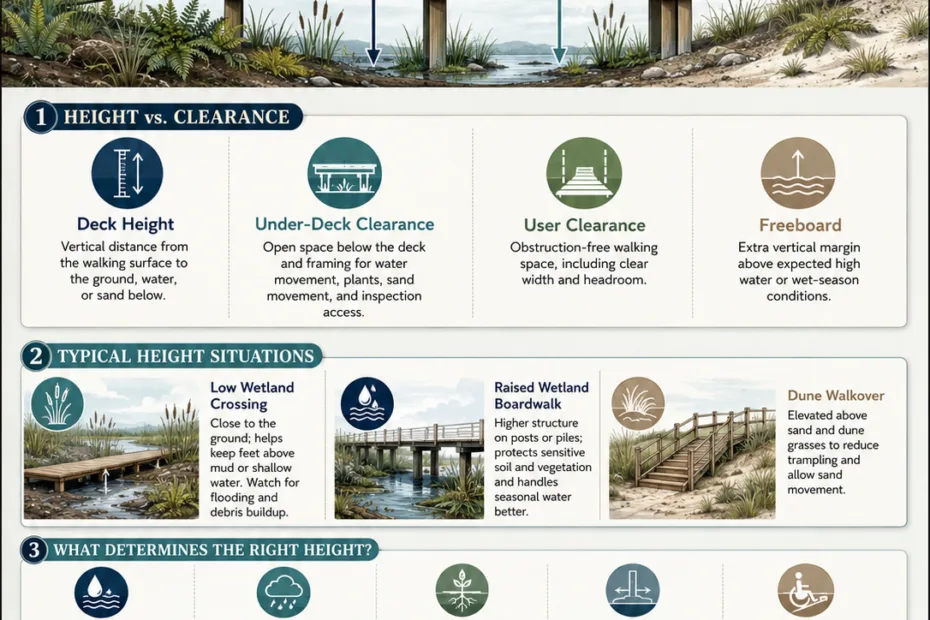 Boardwalk height clearance information showing safety measurements for elevated walkways.