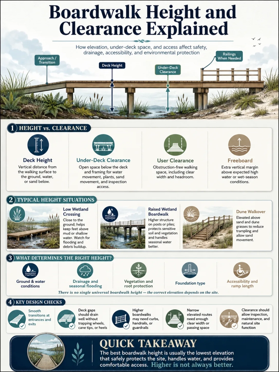 Boardwalk height clearance information showing safety measurements for elevated walkways.