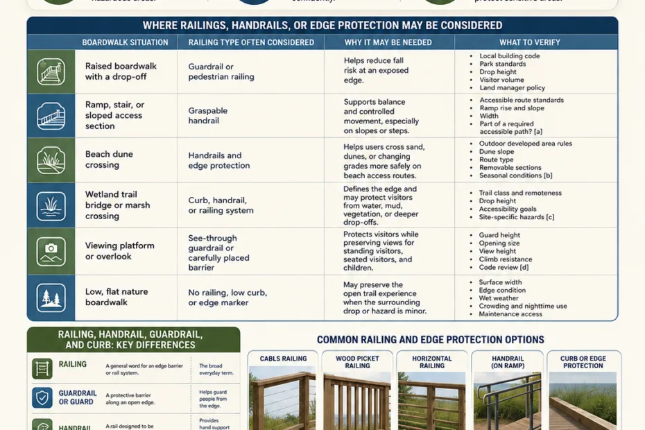 A detailed infographic about boardwalk railings explaining when they are needed and why for safety and aesthetic purposes.
