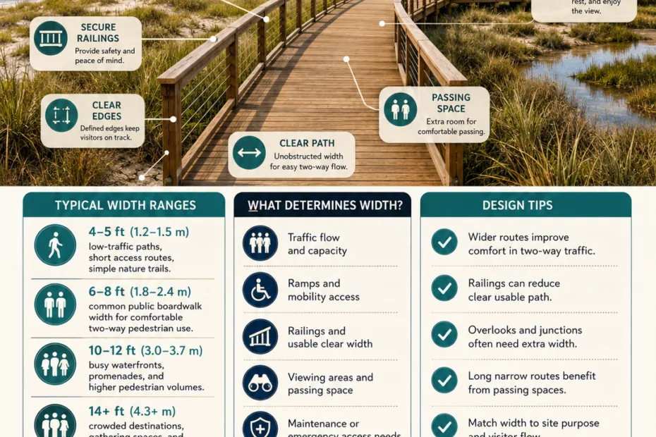 Boardwalk width guide showing different widths for paths near water and scenic areas for optimal walking experience.
