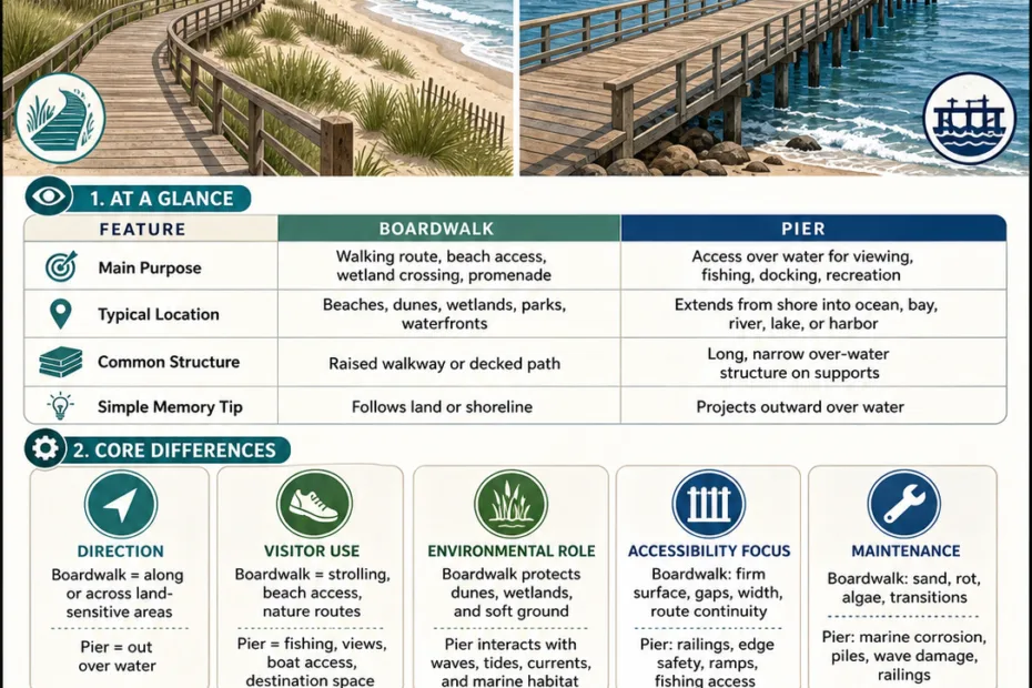 Differences between a boardwalk and pier, showing structures used for seaside recreation and leisure activities along the coast.