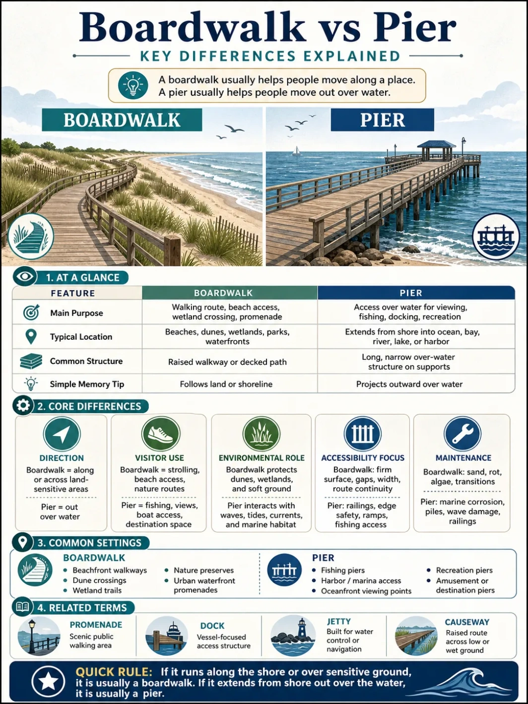 Differences between a boardwalk and pier, showing structures used for seaside recreation and leisure activities along the coast.