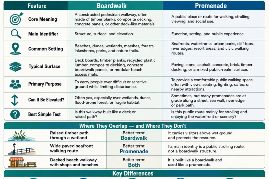 A comparison of boardwalk and promenade features, showing differences in design, purpose, and typical locations for these seaside walkways.