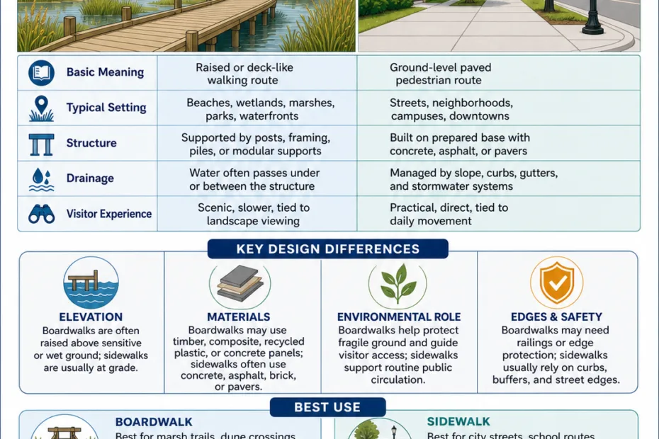 Comparison between boardwalk and sidewalk, showing their different designs, uses, and locations along with key features.