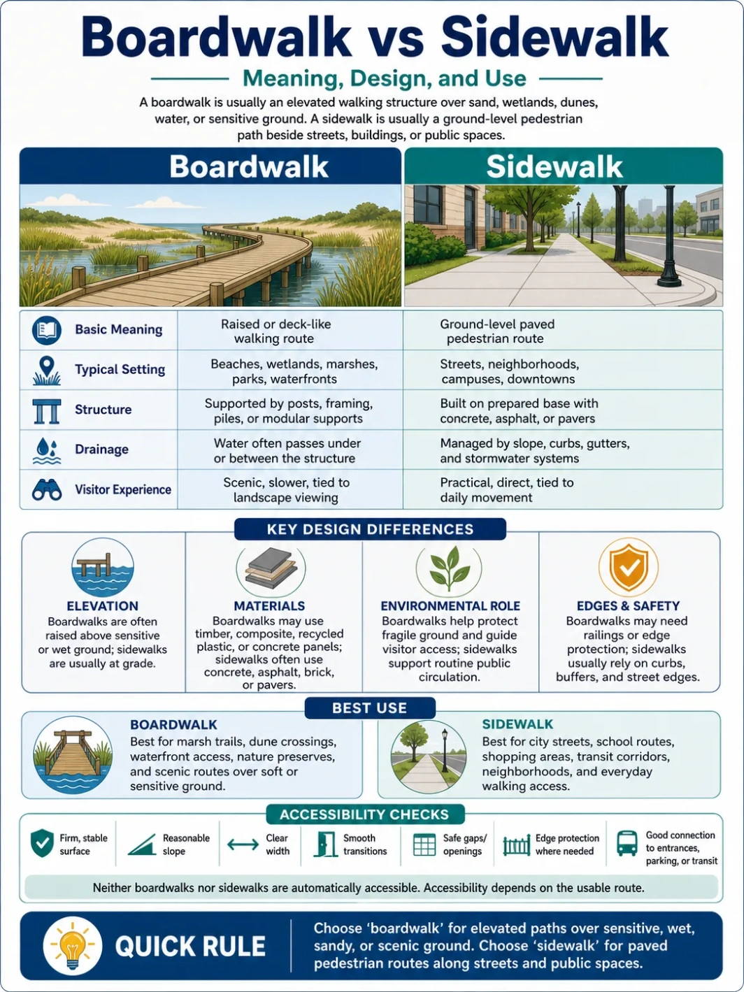 Comparison between boardwalk and sidewalk, showing their different designs, uses, and locations along with key features.