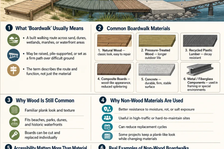 A boardwalk can be made from various materials, but wood remains a common choice for traditional seaside pathways.