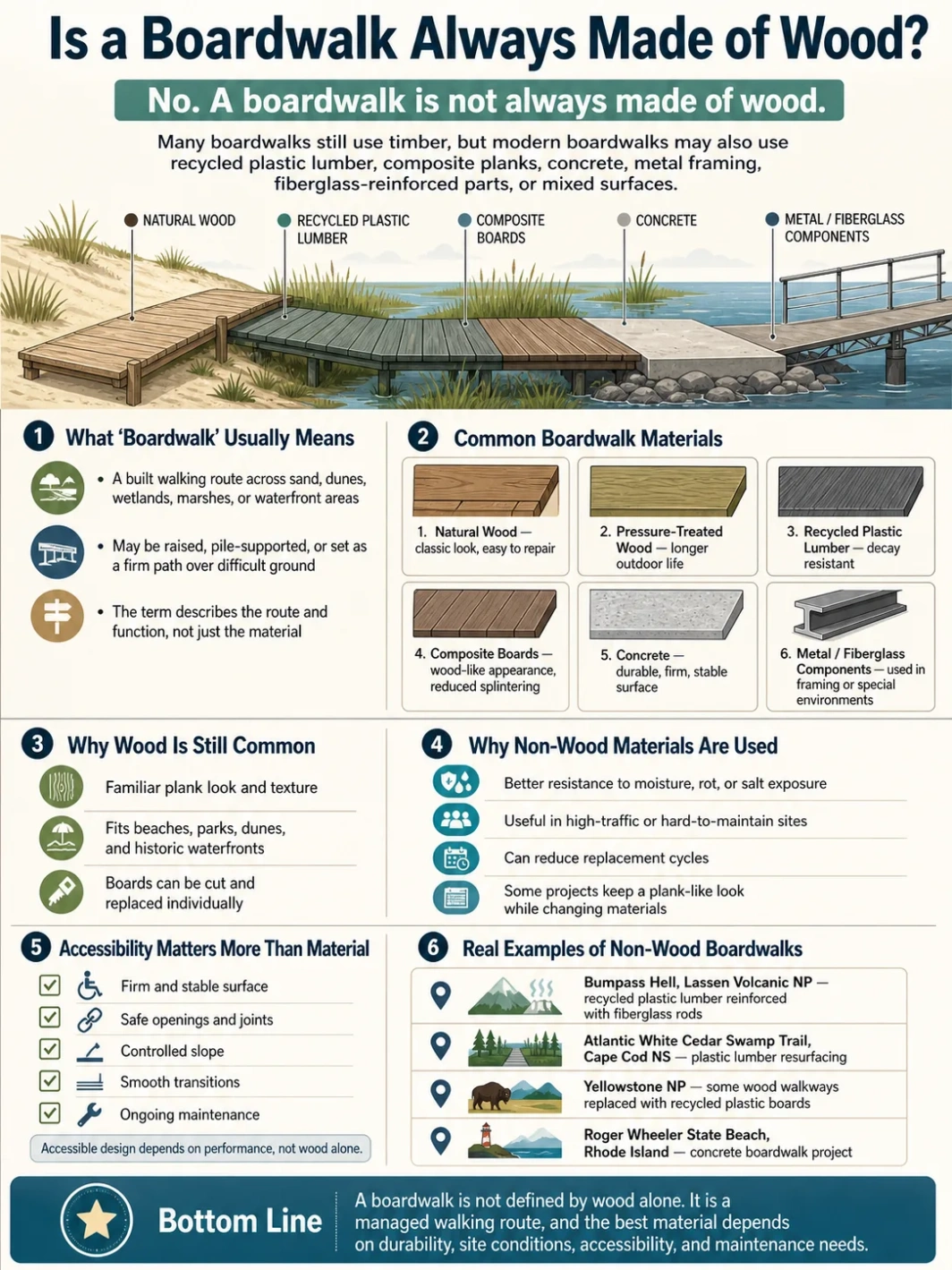 A boardwalk can be made from various materials, but wood remains a common choice for traditional seaside pathways.