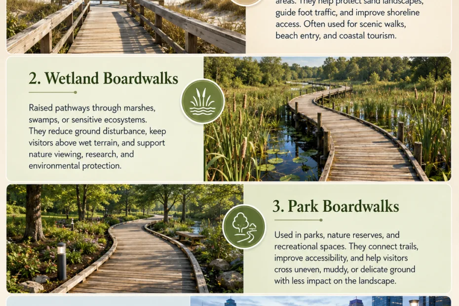 Different types of boardwalks including beach, wetland, park, and urban, showcasing their unique designs and environments.