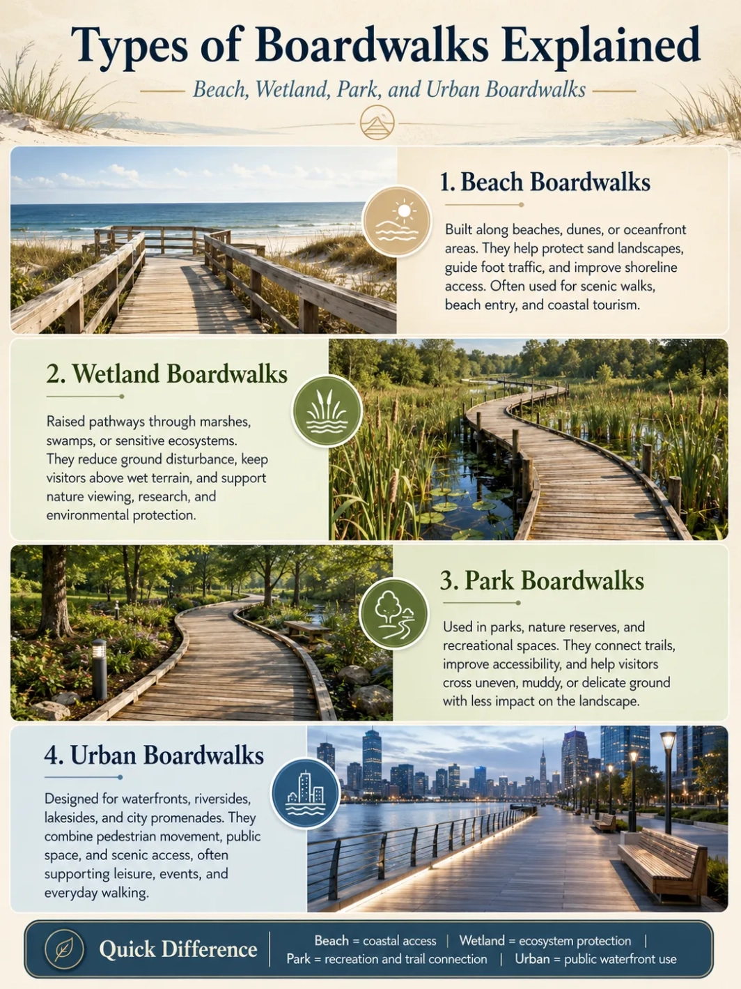 Different types of boardwalks including beach, wetland, park, and urban, showcasing their unique designs and environments.