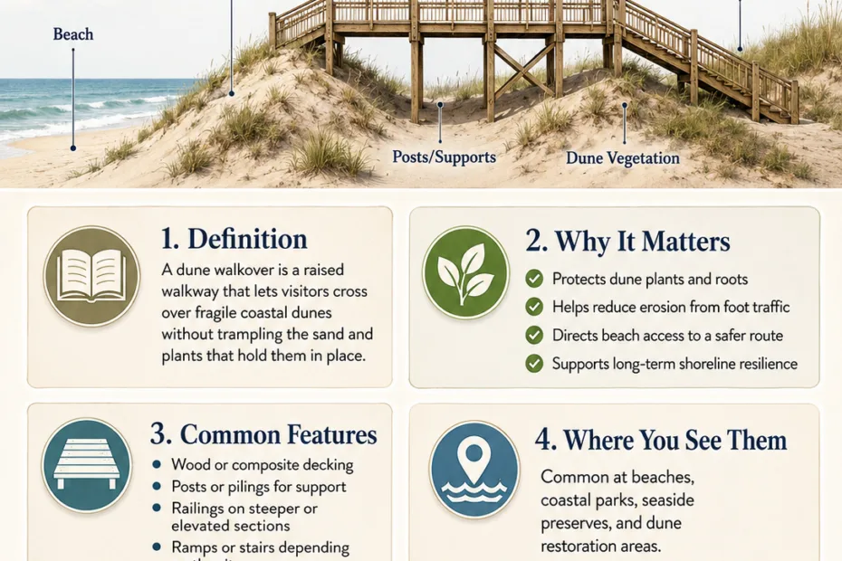 A dune walkover provides easy access over sand dunes, offering a stable pathway to beaches while protecting dune ecosystems.