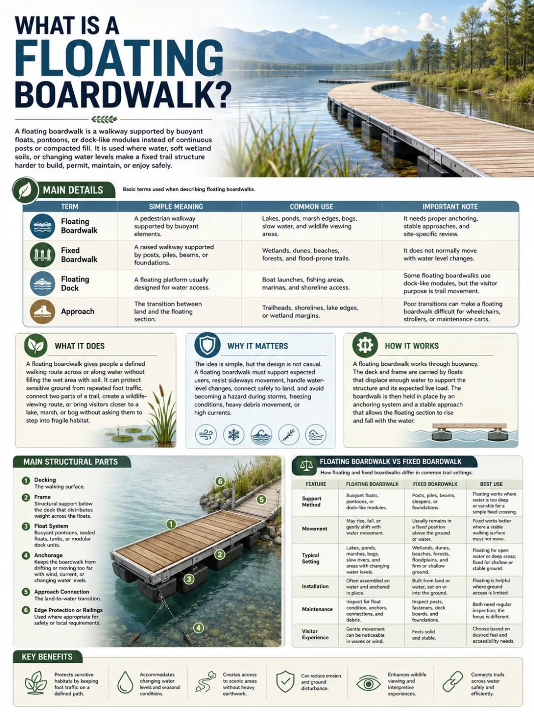 A floating boardwalk provides a flexible walkway over water, blending functionality with scenic views for a peaceful outdoor experience.