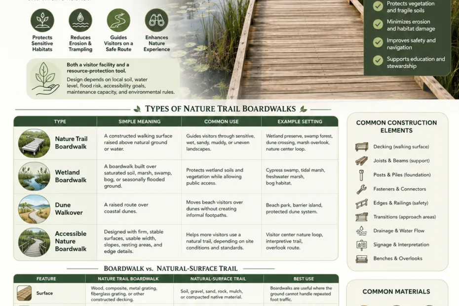 A nature trail boardwalk winds through a lush forest, offering a scenic view for hikers and outdoor enthusiasts.