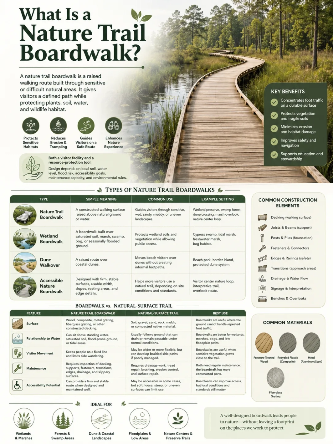 A nature trail boardwalk winds through a lush forest, offering a scenic view for hikers and outdoor enthusiasts.
