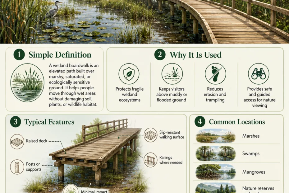 A wetland boardwalk allows visitors to explore wetlands safely while protecting delicate ecosystems and providing scenic views.