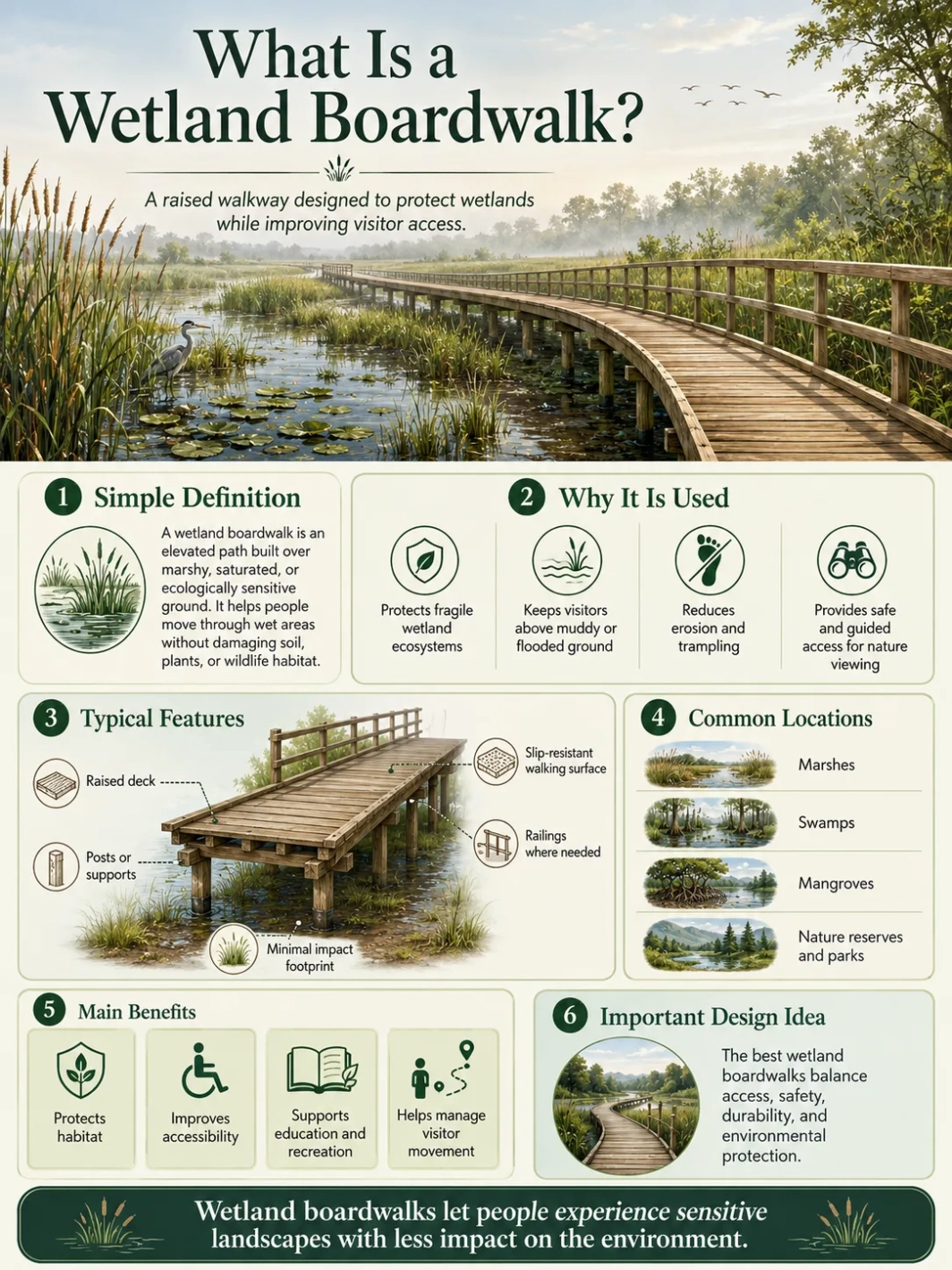 A wetland boardwalk allows visitors to explore wetlands safely while protecting delicate ecosystems and providing scenic views.