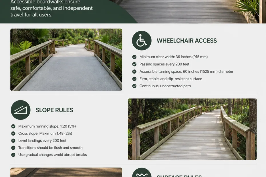 Accessible boardwalk design featuring wheelchair-friendly slopes, smooth surfaces, and safety rules for inclusive outdoor paths