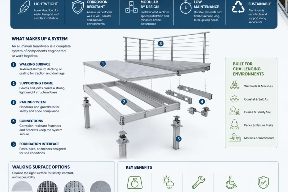 Aluminum boardwalk systems for lightweight walkways showcased with installation details and components for durable outdoor pathways.