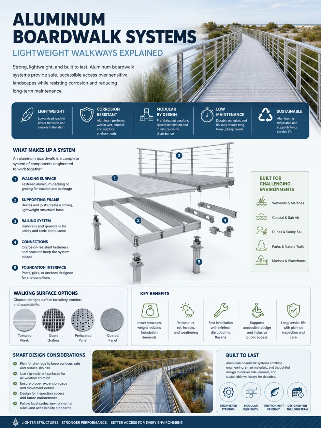 Aluminum boardwalk systems for lightweight walkways showcased with installation details and components for durable outdoor pathways.