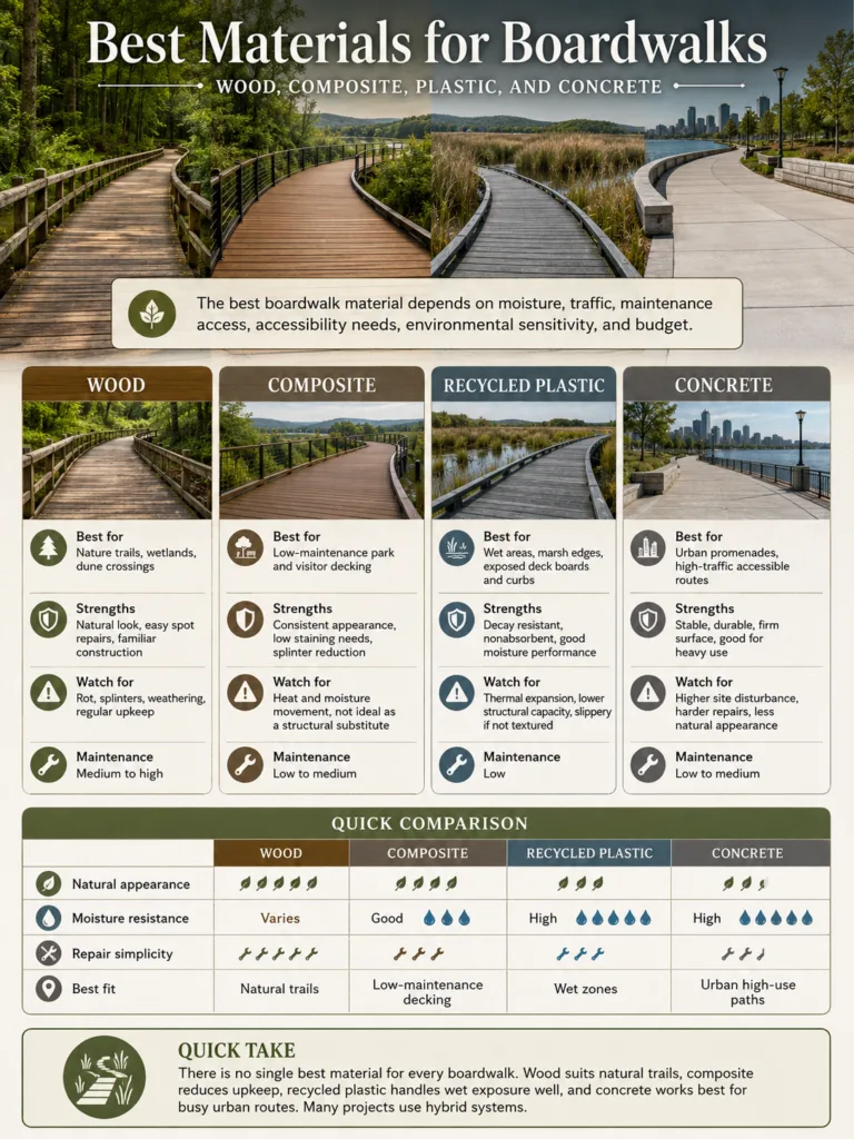 Best Materials for Boardwalks: Wood, Composite, Plastic, and Concrete