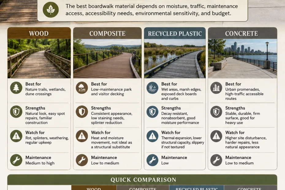 Best materials for boardwalks, showcasing wood, composite, plastic, and concrete options for durable waterfront walkways.