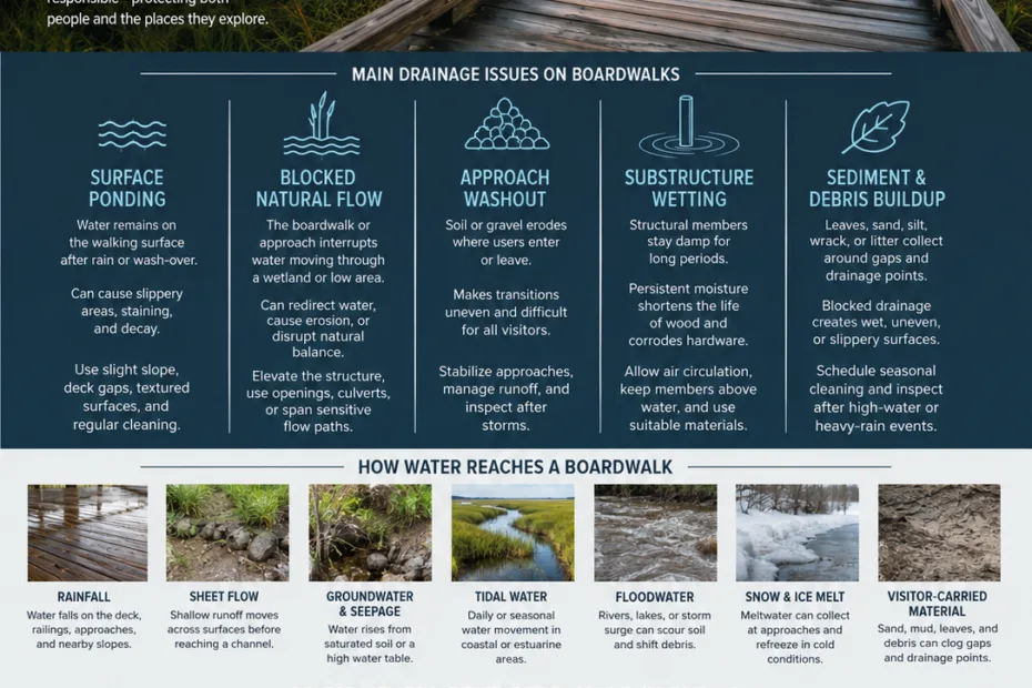 Boardwalk drainage system helps prevent water damage and keeps pathways safe during wet conditions.