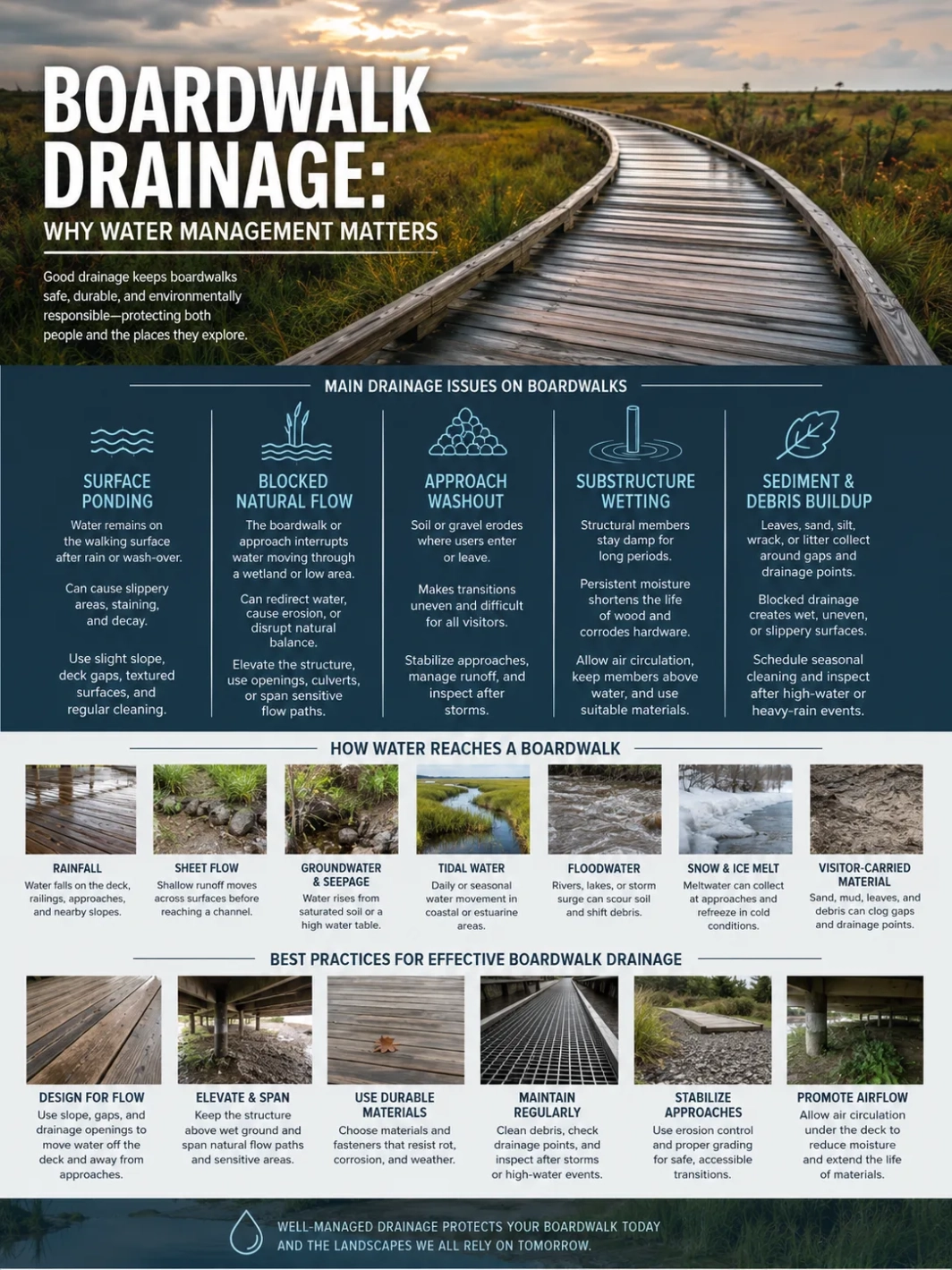 Boardwalk drainage system helps prevent water damage and keeps pathways safe during wet conditions.