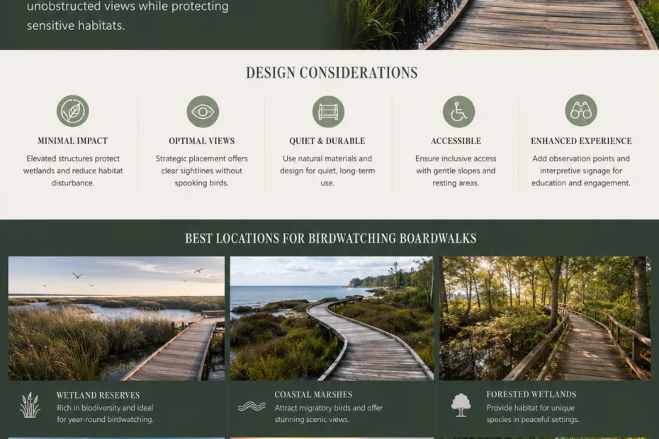 Birdwatching boardwalks provide accessible pathways for observing wildlife in natural settings and are located at popular birdwatching spots.