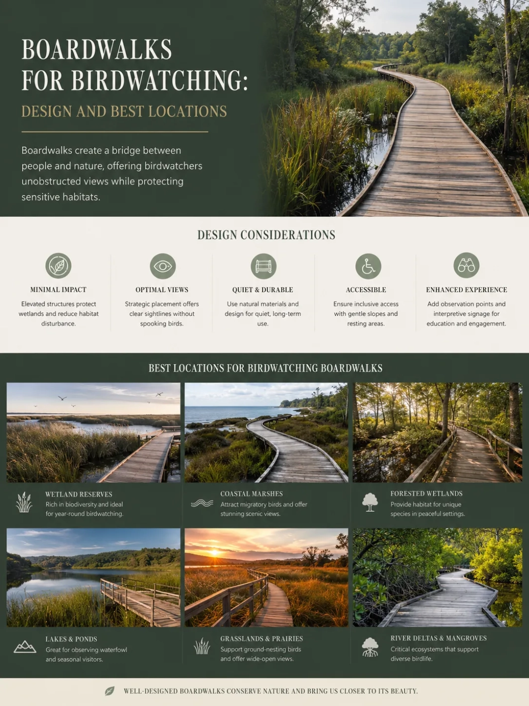 Birdwatching boardwalks provide accessible pathways for observing wildlife in natural settings and are located at popular birdwatching spots.