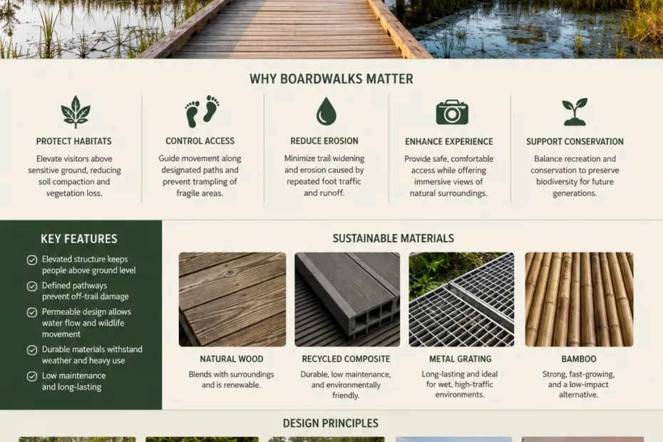 Boardwalks in nature reserves provide visitors with access while protecting delicate habitats from damage.