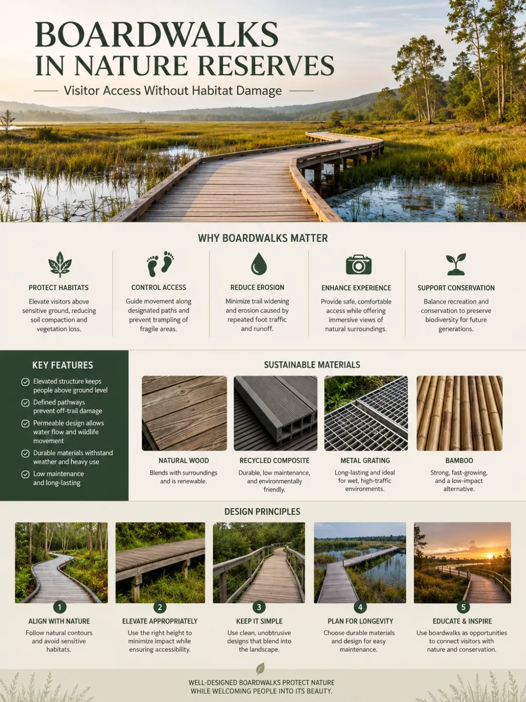 Boardwalks in nature reserves provide visitors with access while protecting delicate habitats from damage.