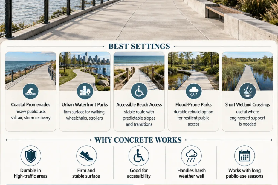 Concrete boardwalks provide durable and safe walkways in coastal and recreational areas, perfect for high foot traffic and diverse terrains.