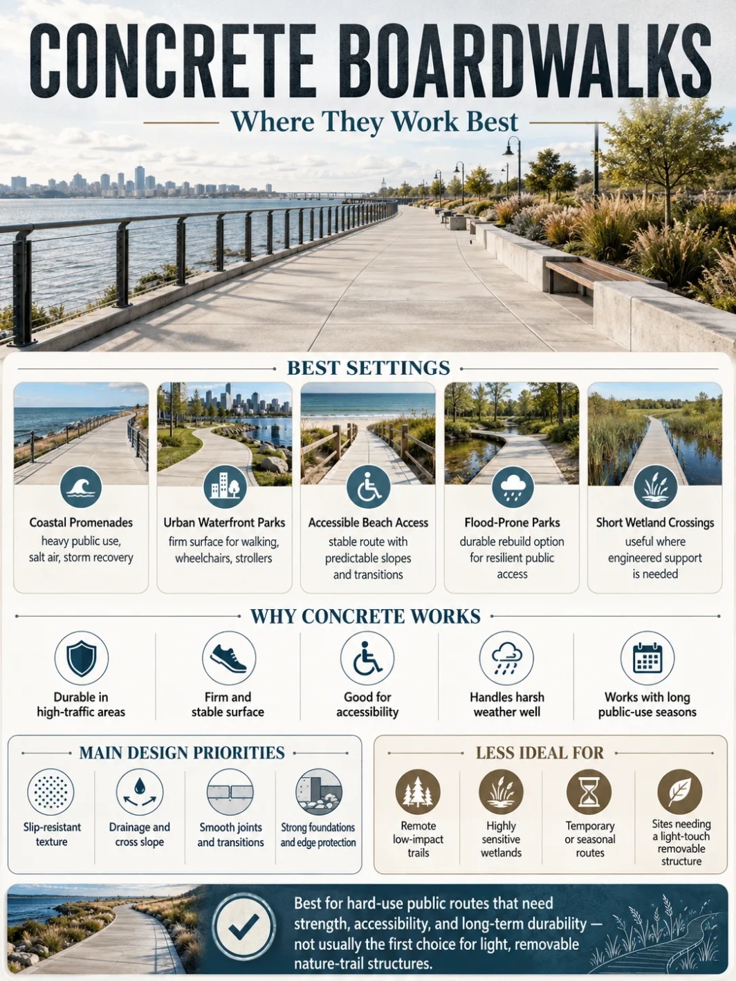 Concrete boardwalks provide durable and safe walkways in coastal and recreational areas, perfect for high foot traffic and diverse terrains.