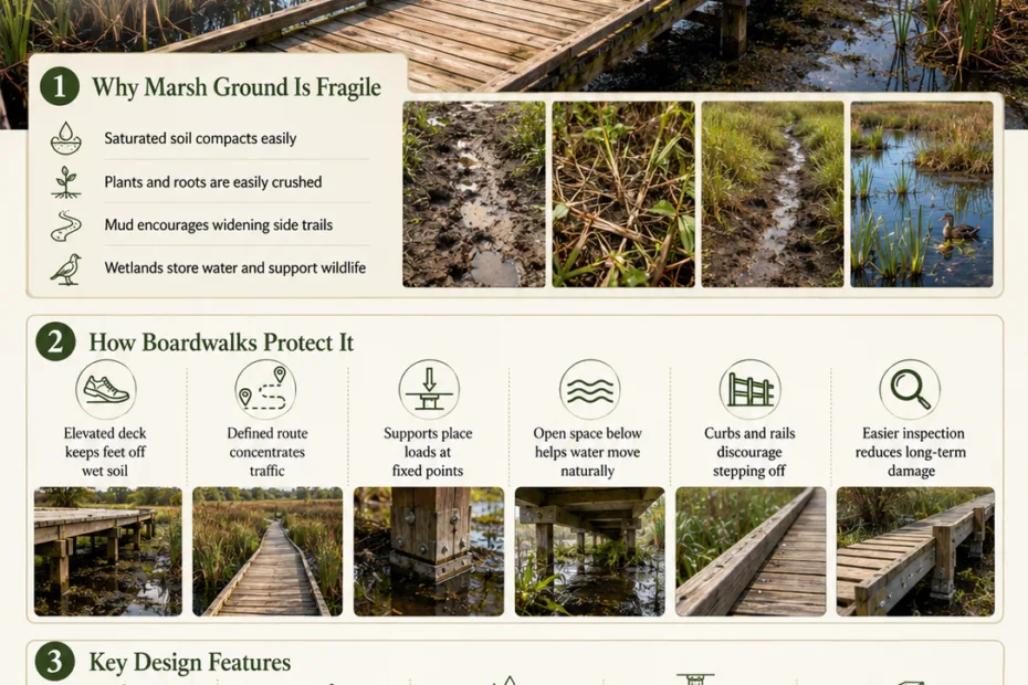 Marsh boardwalks provide a safe pathway through delicate wetland areas, helping to protect fragile ground while allowing visitors to enjoy nature.