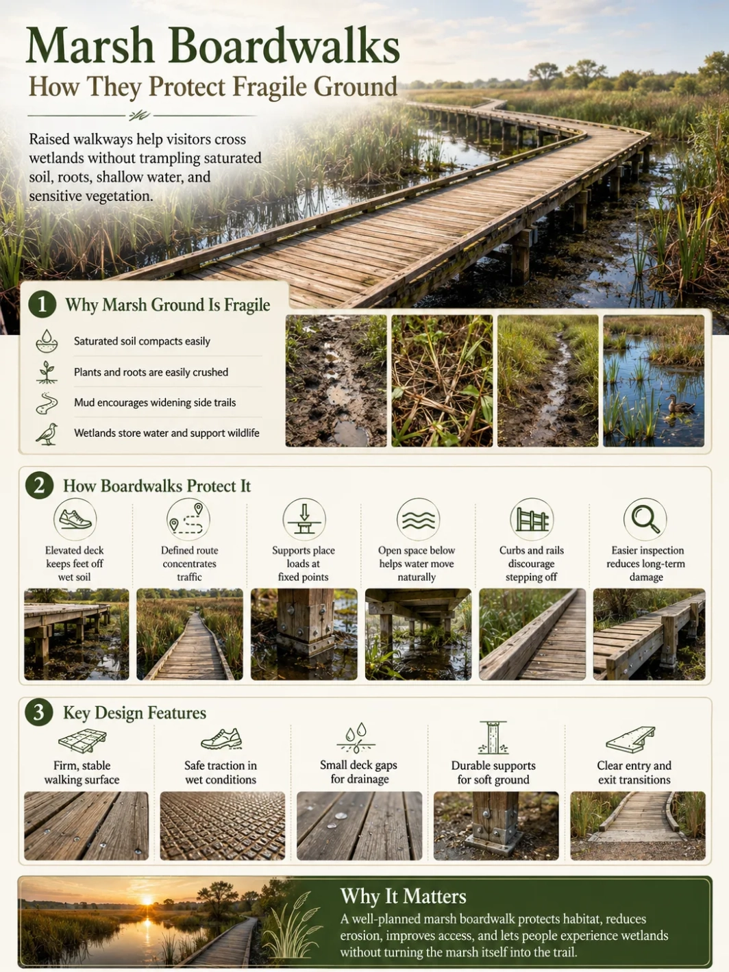 Marsh boardwalks provide a safe pathway through delicate wetland areas, helping to protect fragile ground while allowing visitors to enjoy nature.