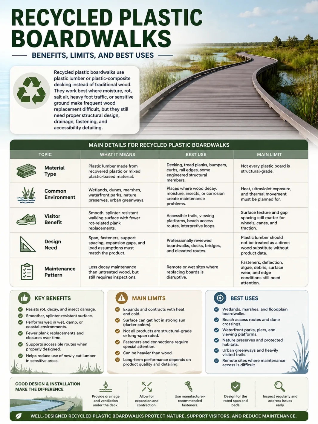 Recycled plastic boardwalks offer eco-friendly walkways with durability and low maintenance, ideal for park paths and waterfronts.