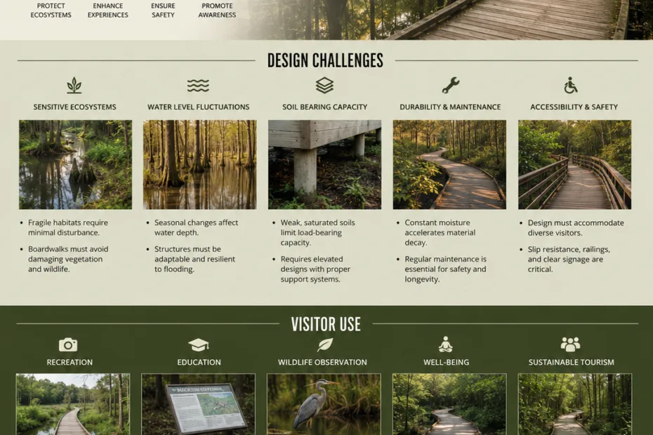 Swamp boardwalks allow visitors to explore wetlands while facing design challenges like durability and environmental preservation.