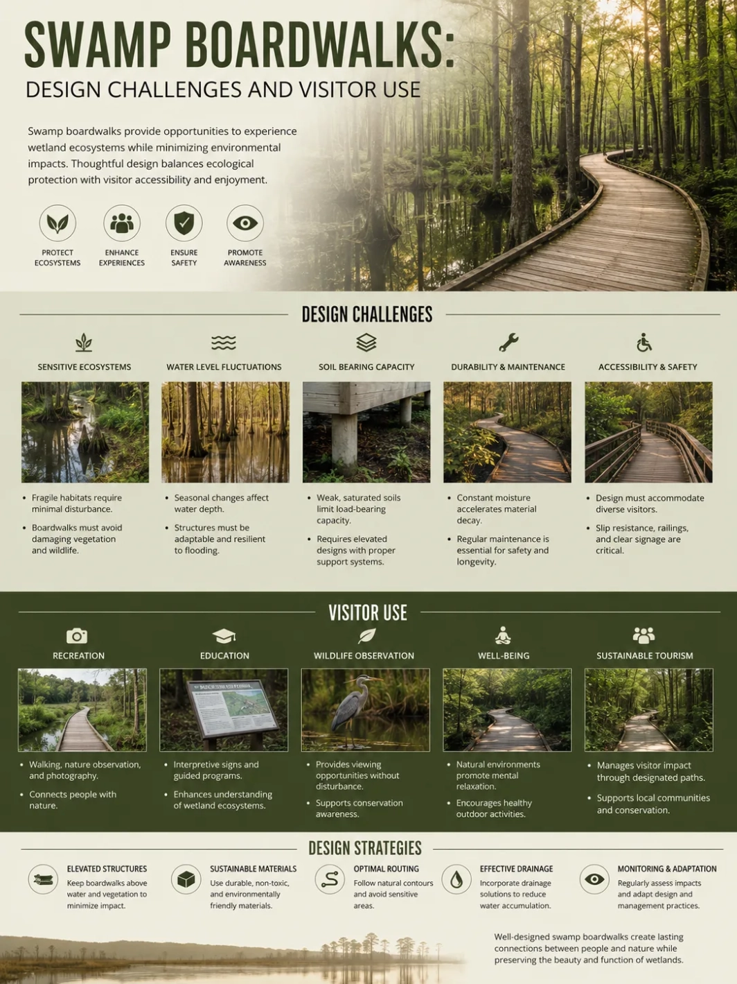 Swamp boardwalks allow visitors to explore wetlands while facing design challenges like durability and environmental preservation.