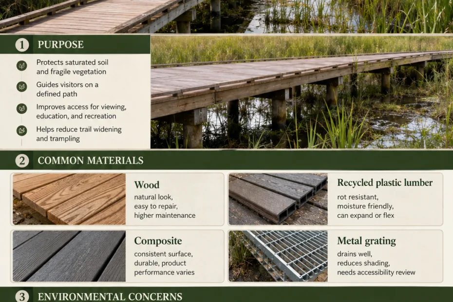 A scenic wetland boardwalk design showcasing sustainable materials and environmental integration for eco-friendly visitor access.