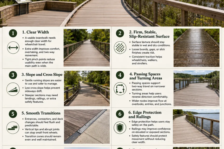 A comprehensive guide on what makes wheelchair accessible boardwalks usable and safe for all visitors.