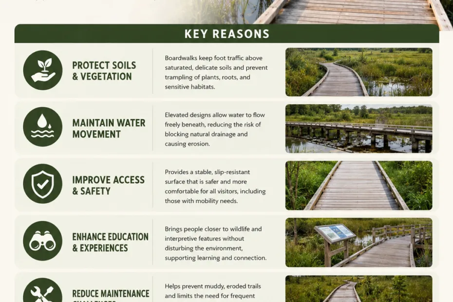 Why boardwalks are used in wetlands to protect fragile ecosystems while allowing easy access for visitors.