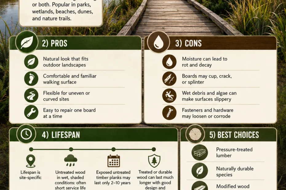 Wood boardwalks provide natural, eco-friendly pathways with easy maintenance and aesthetic appeal for lakes, parks, and boardwalking areas.