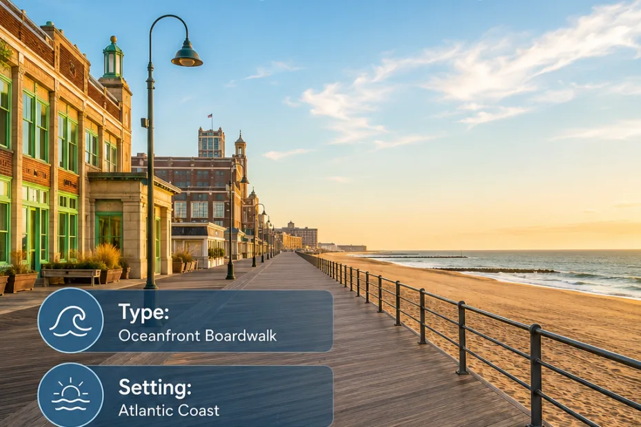 Asbury Park Boardwalk in New Jersey offers a lively seaside atmosphere with attractions, shops, and scenic ocean views for visitors.