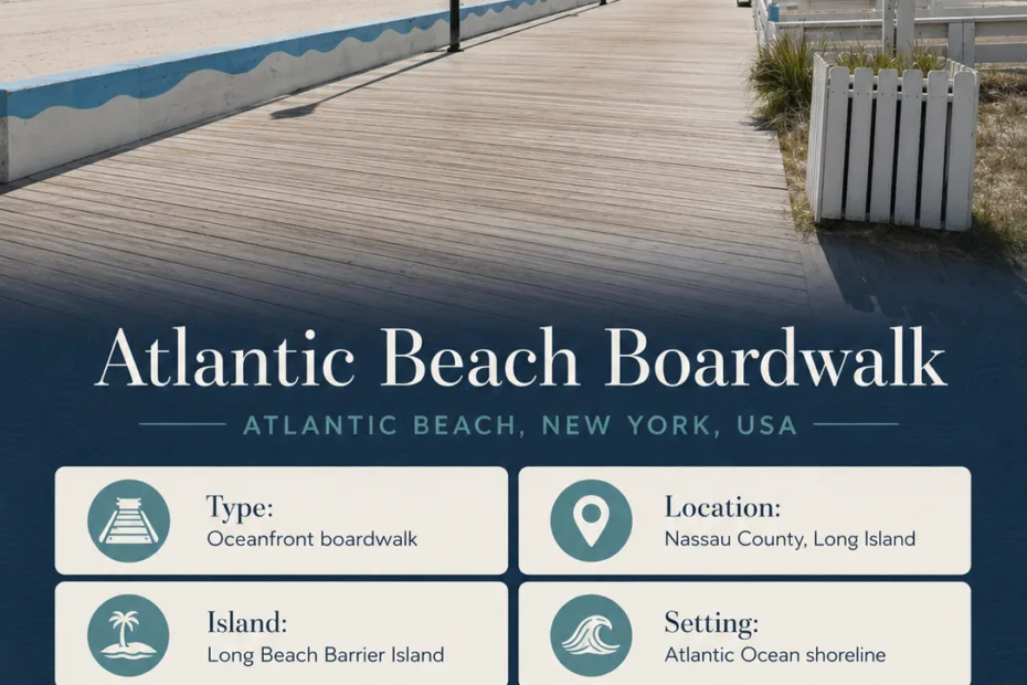 Atlantic Beach Boardwalk in New York offers a scenic seaside walk with benches and ocean views for visitors.