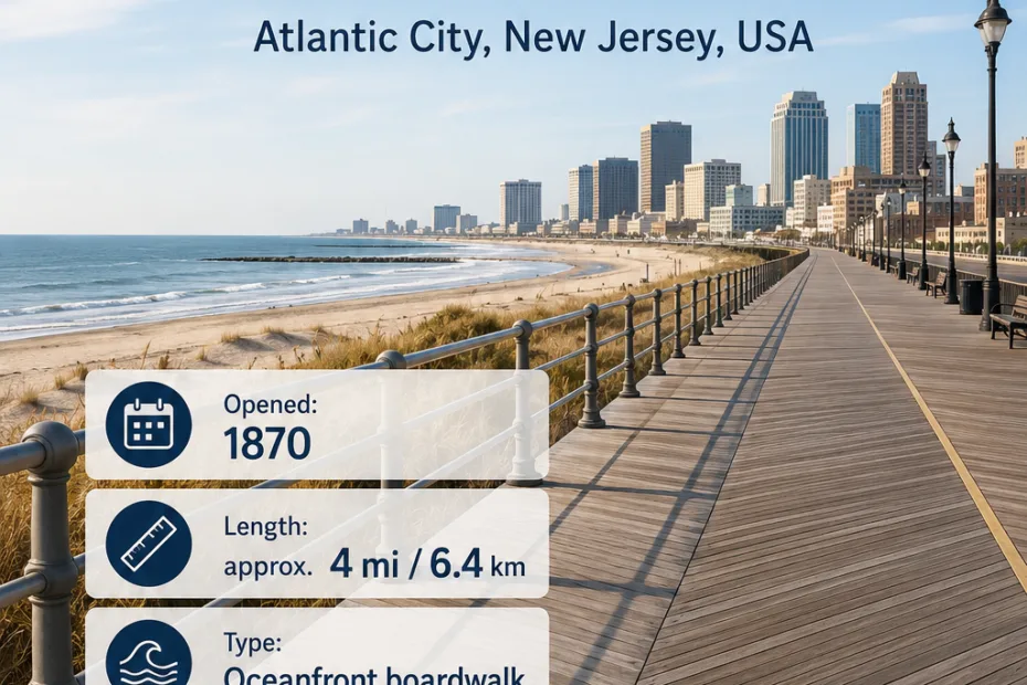 Atlantic City Boardwalk offers scenic views and entertainment along the Jersey Shore in New Jersey, perfect for a seaside stroll.