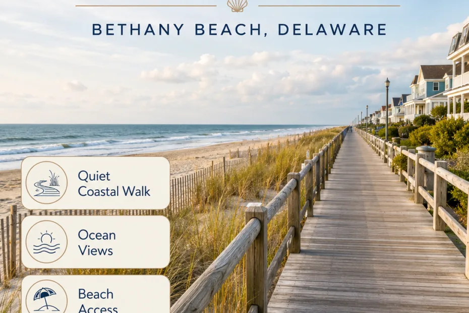 Bethany Beach Boardwalk stretches along the shoreline, offering scenic views and a lively atmosphere on Bethany Beach in Delaware.