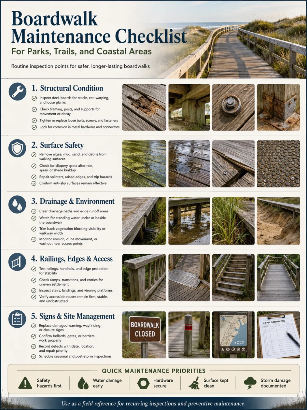 This detailed boardwalk maintenance checklist helps keep parks, trails, and coastal areas safe and well-preserved.