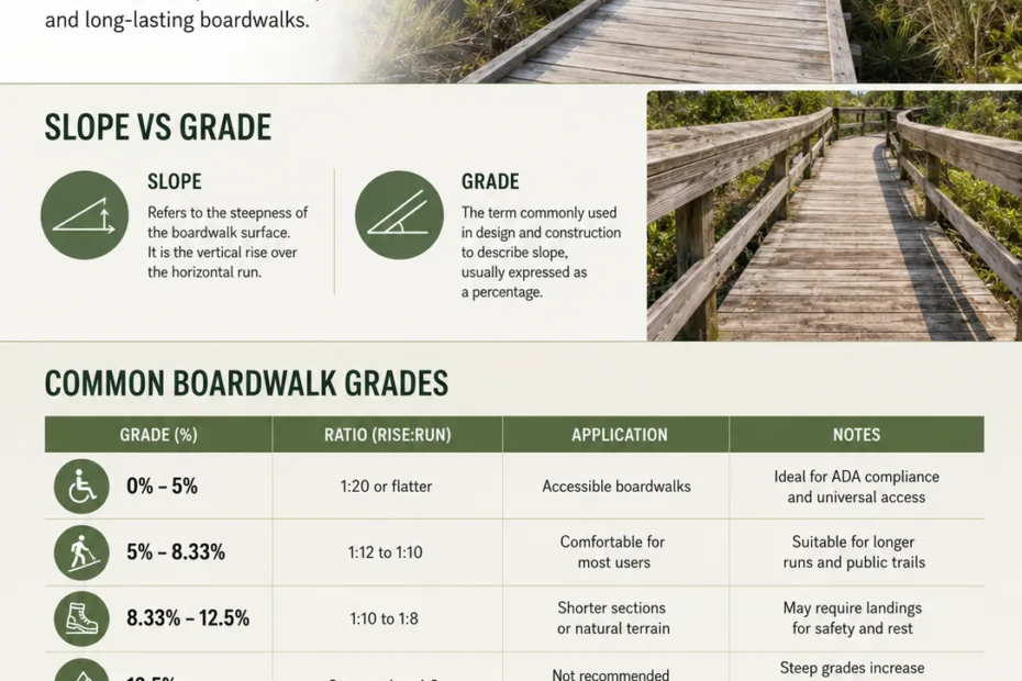 Boardwalk slope grade ensures safe and comfortable walking paths along scenic routes, combining practical design with natural landscape integration.